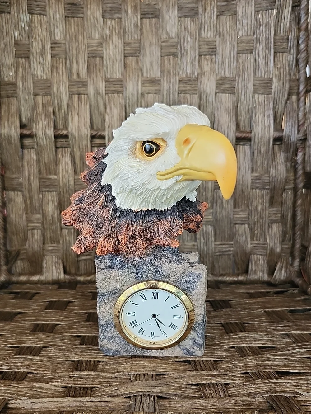 Eagle Head Desk Clock Sculpture - White and Yellow